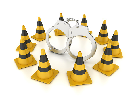 Handcuffs with Traffic Cones - White Background - 3D Rendering