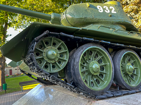 Fragment of an old tank from World War II, which is a monument in the town of Dubienka in Poland.