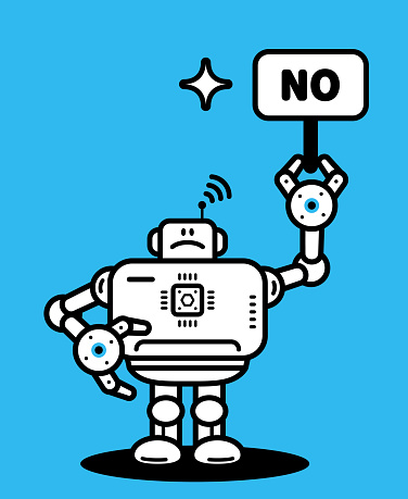 Cute AI characters vector art illustration.
An Artificial Intelligence Robot holds a No Sign.