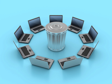 Computer Laptop Circle with Garbage Can - Color Background - 3D Rendering