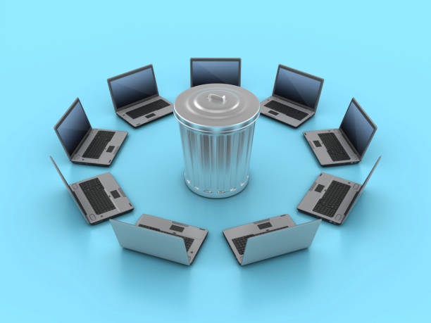 Computer Laptop Circle with Garbage Can Computer Laptop Circle with Garbage Can - Color Background - 3D Rendering laptop in a trash bin stock pictures, royalty-free photos & images