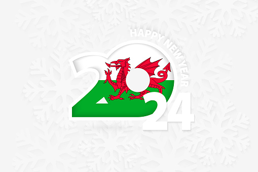New Year 2024 for Wales on snowflake background. Greeting Wales with new 2024 year.