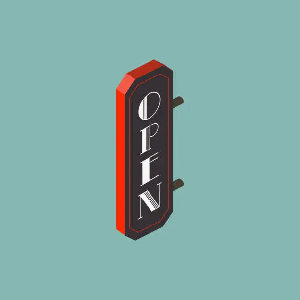 Vector illustration of Isometric Vintage Store Signage - Info graphic Sale Icons - Retro Neon Store Signage - Open Signage