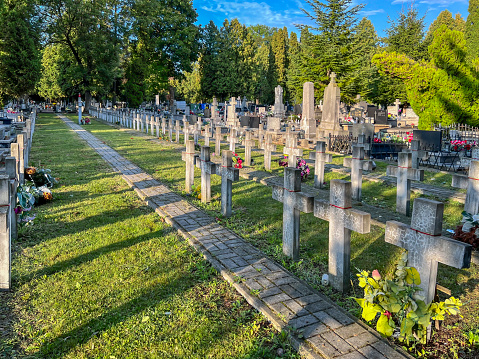 Chelm, Poland, September 3, 2023: Cemetery in Chelm with graves of soldiers killed in Polish_Soviet battles in 1919-1920.