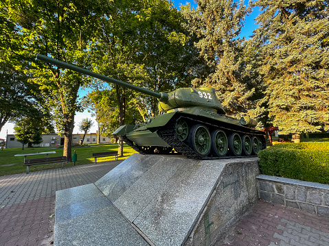 Fragment of an old tank from World War II, which is a monument in the town of Dubienka in Poland.