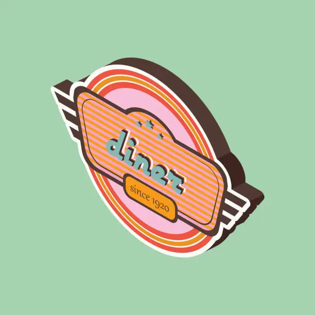 Vector illustration of Isometric Vintage Diner Store Signage - Info graphic Sale Icons - Retro Neon Store Signage