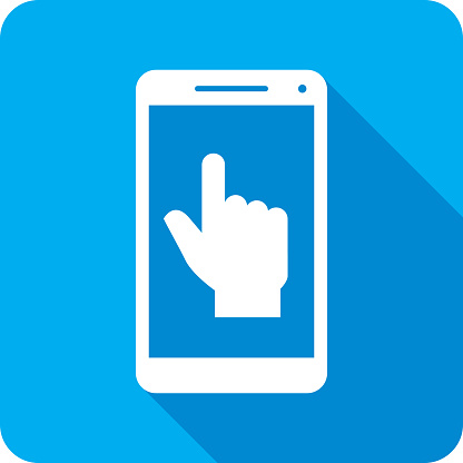 Vector illustration of a smartphone and hand with finger pointing up icon against a blue background in flat style.