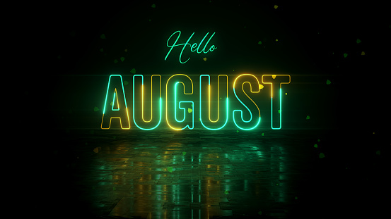 Festive Turquoise Yellow Glowing Neon Hello August Lettering With Floor Reflection Amid The Falling Leaves On Dark Background