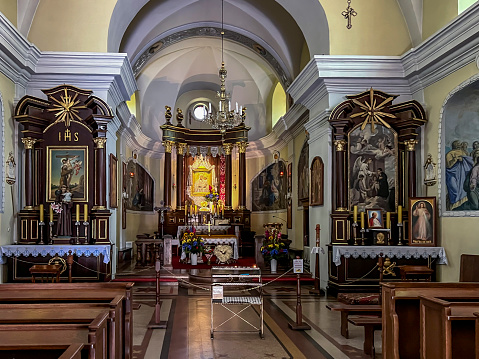 Hrubieszow, Poland, September 4, 2023: Sanctuary of Our Lady of Consolation, Sokalska in Hrubieszow, Poland. Church of St. Stanislaus Kostka. Interior with a painting of Our Lady of Sokal in the main altar.