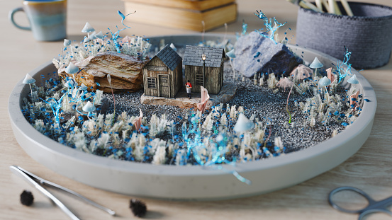Surreal miniature scene inside a plate, diorama