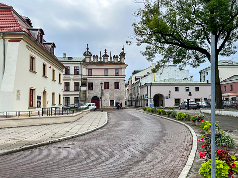 Zamosc, Poland, September 3, 2023: An old town with buildings with arcades in many old houses, especially in the squares.