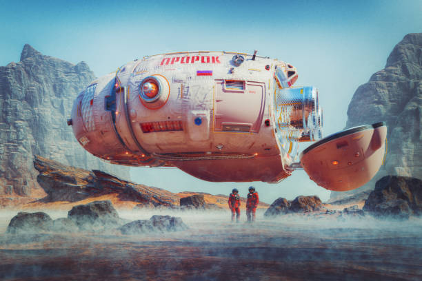 Russian astronauts  with their spaceship on distant exo planet. 3D generated image. Spaceship name is fictional and made up without references to any space program, mission or agency.