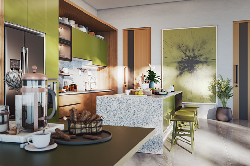 Modern kitchen interior. 3D generated image. Image on the wall is my own render and already approved in my portfolio.
