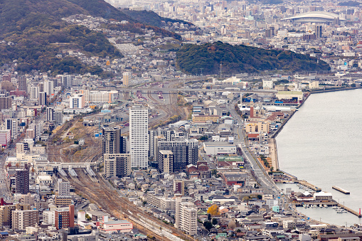 Cityscape of Kitakyushu Moji seen from the top of the mountain