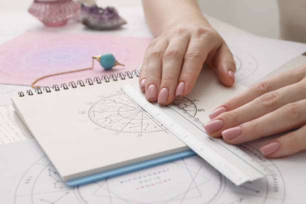 istock Astrologer using zodiac wheel for fate forecast at table, closeup. Fortune telling 1905742952