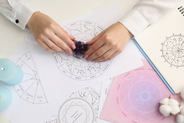 istock Astrologer using zodiac wheel for fate forecast at table, top view. Fortune telling 1905743492