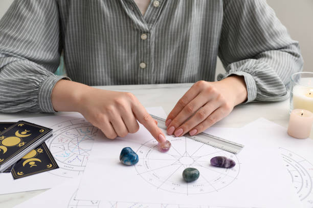 istock Astrologer using zodiac wheel for fate forecast at table, closeup. Fortune telling 1905744057