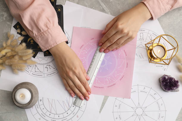 istock Astrologer using zodiac wheel for fate forecast at table, top view. Fortune telling 1905744598