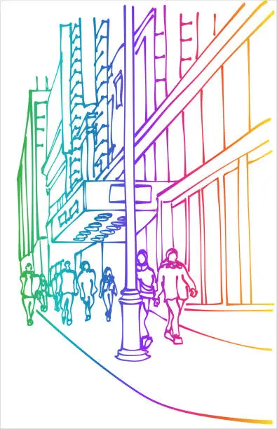 Vector illustration of Generic City Sidewalk And Pedestrians Rainbow