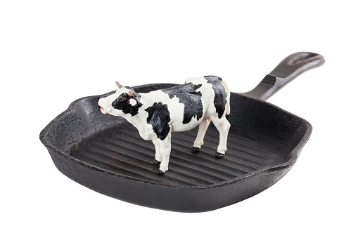 cow toy in a frying pan on white background