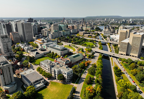 Aerial view of downtown neighbourhood with modern skylines in Ottawa, Ontario, Canada.