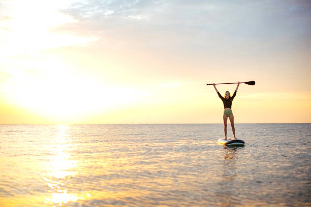 istock Young woman swimming on sup boards alone at sunset 1905768071