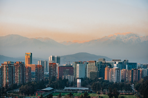 Snowy Andes and buildings in Santiago