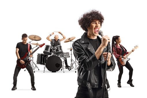 Rock band performing with a male lead singer isolated on white background