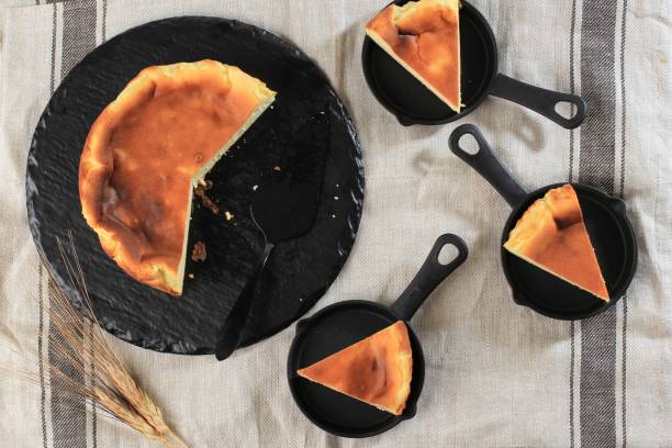 istock Basque Burnt Cheese Cake, Top View, Sliced on Plastic Cast Iron Pan 1905847354