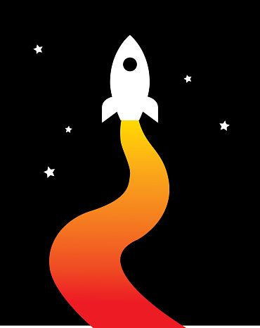 Vector illustration of a white rocket blasting off into space.