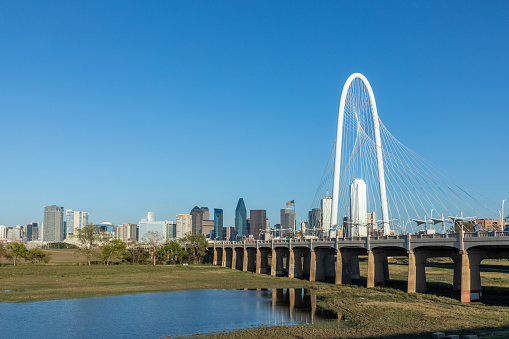 scenic skyline Panoramaof Downtown Dallas seen from Trinity River with Margaret hunt hill bridge, Texas