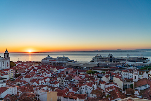 Lisbon, Portgual - Sep. 29, 2023: Alfama Lisbon Cityscape at dawn, Portugal.