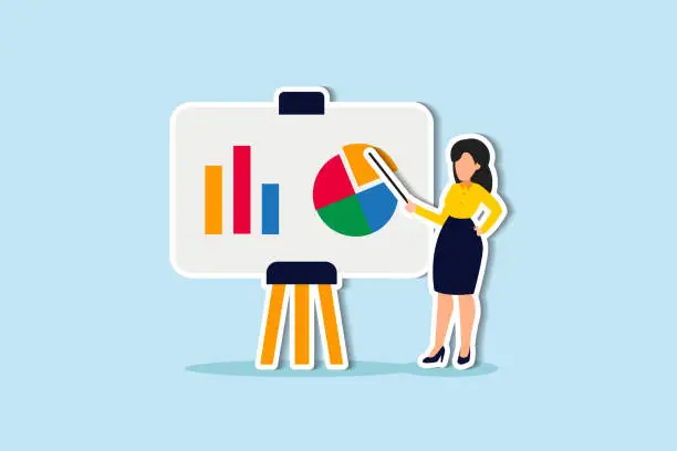 Vector illustration of Financial data analysis report, statistic or economic research concept, businesswoman presenting graph and chart on board in the meeting.