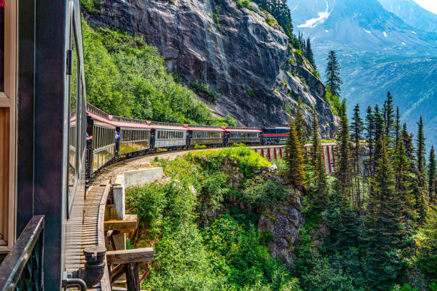White Pass Summit excursion tour train in the mountains, Alaska, USA. Skagway, Alaska - July 30, 2023: Tourists are enjoying the view from train. White Pass Summit excursion tour train, Alaska, USA. alaska gold rush stock pictures, royalty-free photos & images