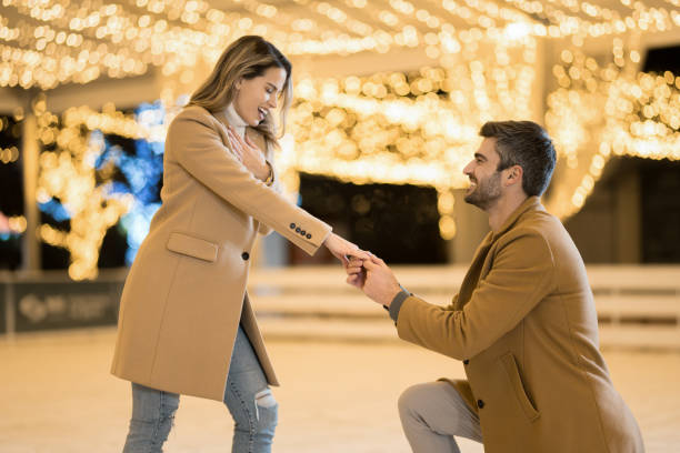 istock Young man proposing to his girlfriend while ice skating on a holiday. 1905947126