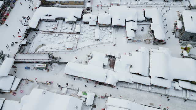 Aerial view Winter Season Snow Town  Xuexiang overcast weather deep snow