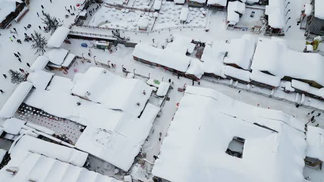 Aerial view Winter Season Snow Town  Xuexiang overcast weather deep snow