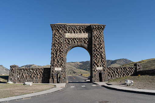 Historic Roosevelt Arch at the North Entrance of Yellowstone National Park, Gardiner Montana