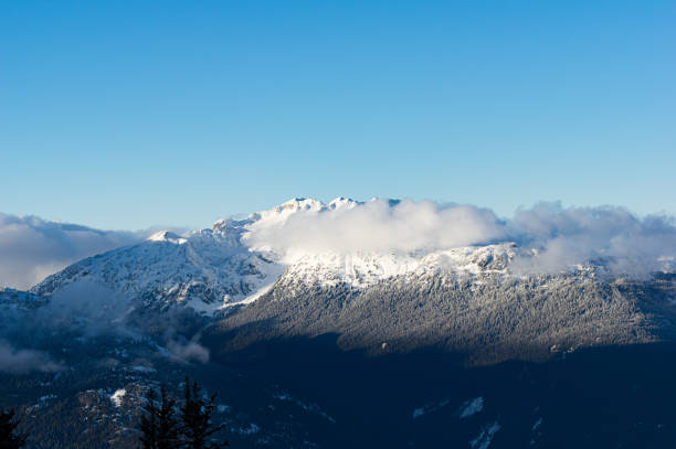 A dramatic view of snow-capped peaks engulfed in clouds, surrounded by thick forest, against a blue sky from Whistler Mountain, BC, Canada.