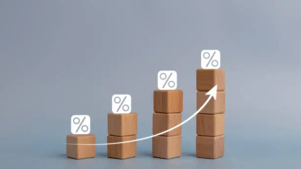 Percentage icons on cube blocks bar graph chart steps with rise-up arrows. Investment, income, trends, inflation, business growth, economic improvement concepts.