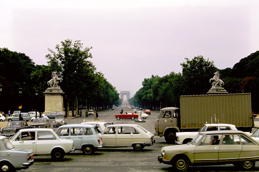 Aerial View of Paris cityscape with Les Invalides and Pantheon as seen from Eiffel Tower during 1990s