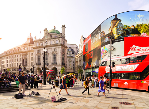 London England – August 17th 2023: A public square in the West End area of Central London on a summer’s day. Piccadilly Circus - The Famous \