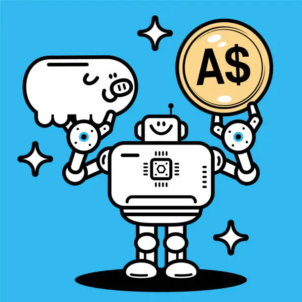 Vector illustration of An Artificial Intelligence Robot holds Money and a piggy bank