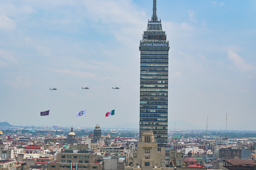 Mexican military planes in parade formation, Military parade in Mexico to celebrate Independence Day. Air show in Mexico City