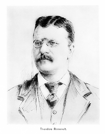 A portrait of Theodore Roosevelt (October 27, 1858-January 6, 1919), 26th U.S. President. Illustration published 1895. Original edition is in my archives. Copyright expired and in Public Domain.