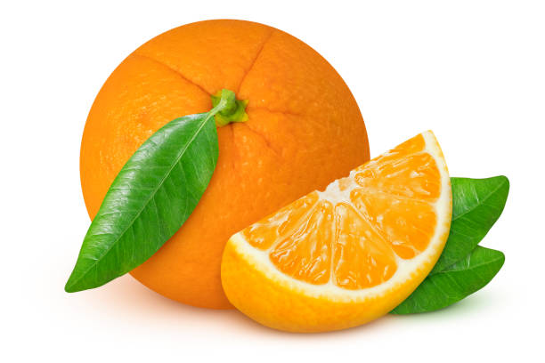 istock Oranges on an isolated white background. Whole, slice and green leaves 1906070571