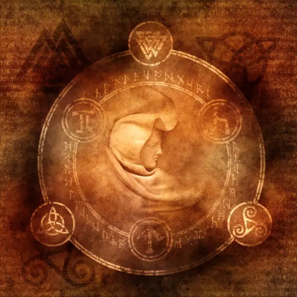 Robed and hooded female figure enclosed within a magic circle of mysterious pagan and runic symbols.