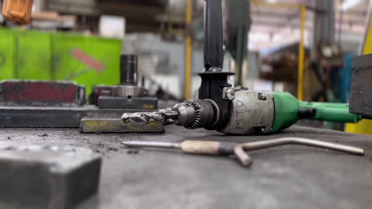 Drills and other equipment scattered on the workshop table.