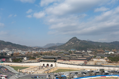 View of Gyeongbokgung Palace and the Blue House from the building's observation deck
