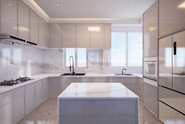 modern kitchen interior,with cabinet, top table white marble. 3d illustration - domestic kitchen kitchen sink contemporary counter top imagens e fotografias de stock